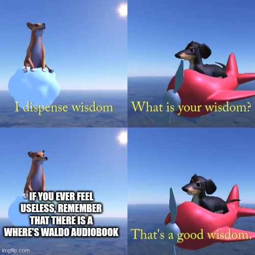 wax on. wax off. | IF YOU EVER FEEL USELESS, REMEMBER THAT THERE IS A WHERE'S WALDO AUDIOBOOK | image tagged in dog of wisdom | made w/ Imgflip meme maker