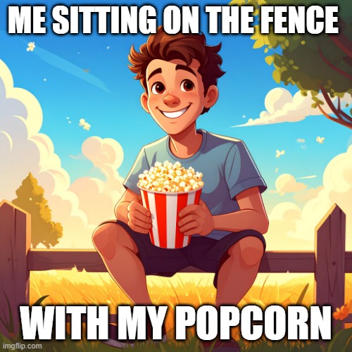 Sitting on the fence. | ME SITTING ON THE FENCE; WITH MY POPCORN | image tagged in fence,on the fence | made w/ Imgflip meme maker