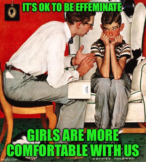 Rockwell | IT’S OK TO BE EFFEMINATE; GIRLS ARE MORE COMFORTABLE WITH US | image tagged in rockwell | made w/ Imgflip meme maker