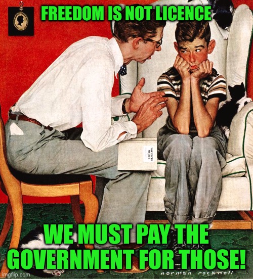 Rockwell | FREEDOM IS NOT LICENCE; WE MUST PAY THE GOVERNMENT FOR THOSE! | image tagged in rockwell | made w/ Imgflip meme maker
