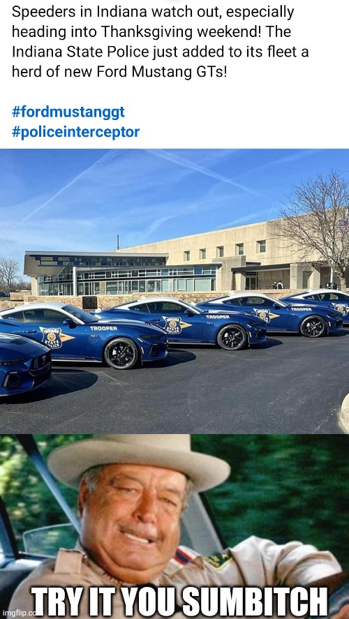 SO MY TAXES WENT TO FASTER POLICE... | TRY IT YOU SUMBITCH | image tagged in sheriff buford t justice,indiana,police,cops,police car,thanksgiving | made w/ Imgflip meme maker