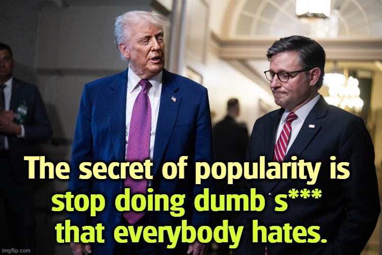 The secret of popularity is; stop doing dumb s*** 
that everybody hates. | image tagged in trump,mike johnson,bad,policy,hatred | made w/ Imgflip meme maker