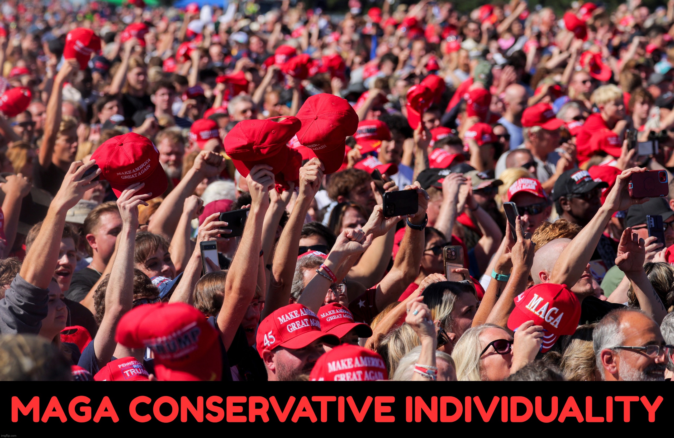 MAGA flock with their individuality on full display | MAGA CONSERVATIVE INDIVIDUALITY | image tagged in maga crowd,maga,identical individuals | made w/ Imgflip meme maker