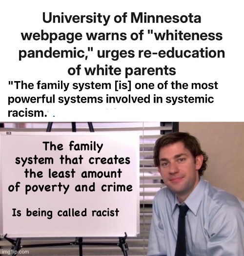 The asylum is ran by the customers | The family system that creates the least amount of poverty and crime; Is being called racist | image tagged in jim halpert explains,politics lol,memes,derp,progressives | made w/ Imgflip meme maker