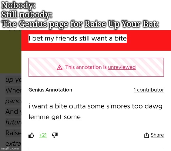this is real bro | Nobody:
Still nobody:
The Genius page for Raise Up Your Bat: | made w/ Imgflip meme maker