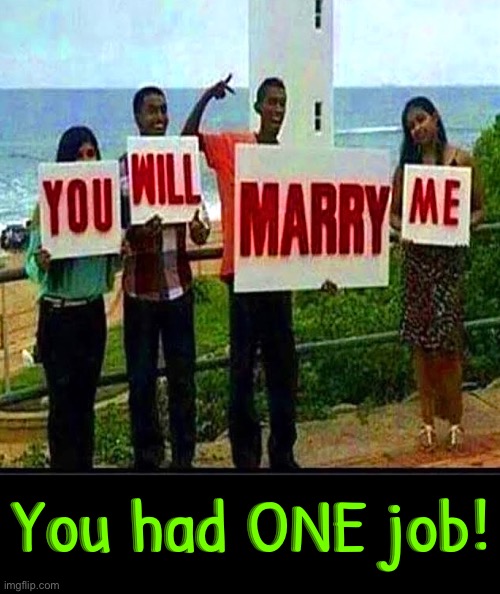 Marriage Proposal Fail | You had ONE job! | image tagged in you had one job just the one,you had one job,getting married,task failed successfully,epic fail,duhhh dumbass | made w/ Imgflip meme maker