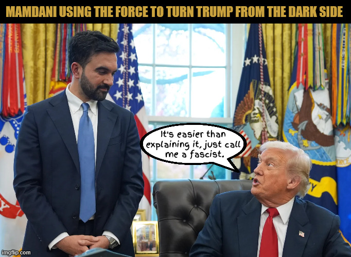 Just call me a fascist | MAMDANI USING THE FORCE TO TURN TRUMP FROM THE DARK SIDE; It's easier than explaining it, just call
 me a fascist. | image tagged in just call me a fascist,mamdani tames the cobra,the force is with you,the dark side,maga miffed,mr cool vs mr drool | made w/ Imgflip meme maker