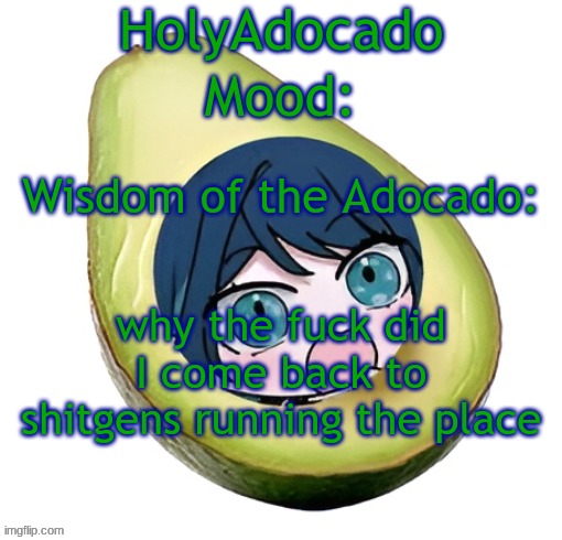 Holy Adocado! | why the fuck did I come back to shitgens running the place | image tagged in holy adocado | made w/ Imgflip meme maker