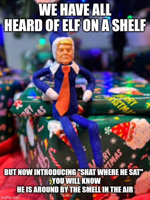 New for the holidays | WE HAVE ALL HEARD OF ELF ON A SHELF; BUT NOW INTRODUCING "SHAT WHERE HE SAT"  
, YOU WILL KNOW HE IS AROUND BY THE SMELL IN THE AIR | made w/ Imgflip meme maker