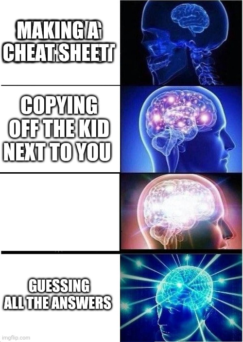 Expanding Brain Meme | STUDYING FOR THE TEST; MAKING A CHEAT SHEET; COPYING OFF THE KID NEXT TO YOU; GUESSING ALL THE ANSWERS | image tagged in memes,expanding brain | made w/ Imgflip meme maker