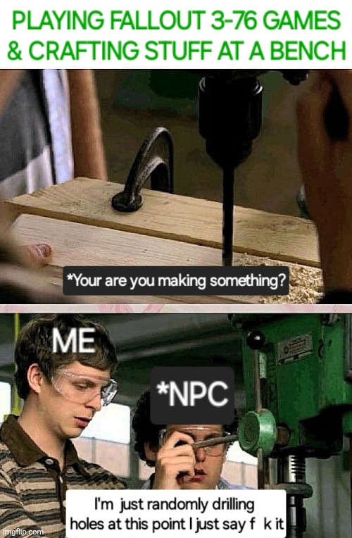 Fallout Workbenches | image tagged in fallout vault boy,building,stuff | made w/ Imgflip meme maker