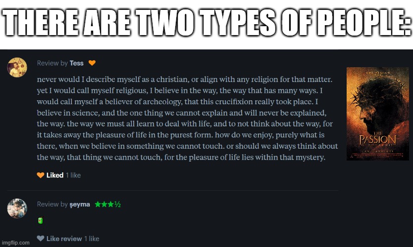 I think I'm like, the only straight Christian guy on letterboxd and as such, love this movie | THERE ARE TWO TYPES OF PEOPLE: | image tagged in 2,lol so funny,christianity,jesus christ,memes,letterboxd | made w/ Imgflip meme maker