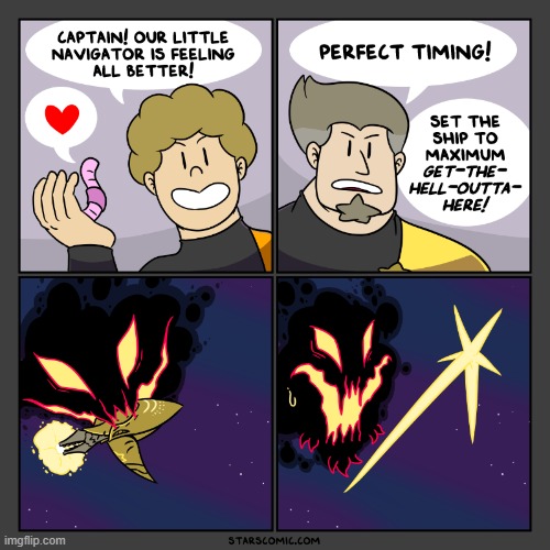 image tagged in stars,worm,navigator,demon,spaceship,escape | made w/ Imgflip meme maker
