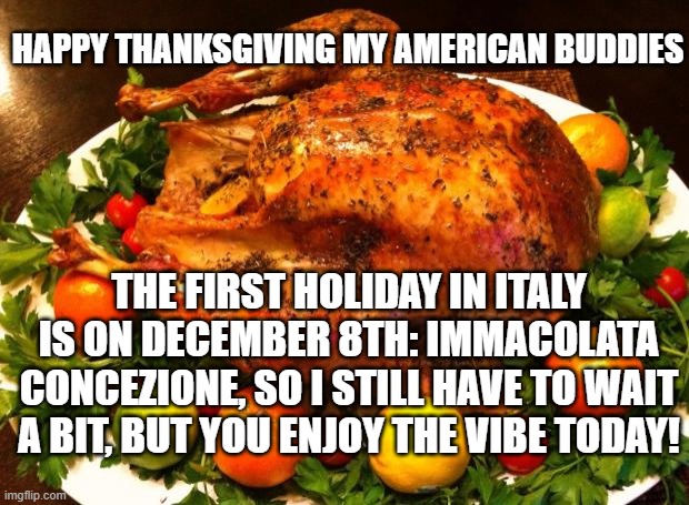 Roasted turkey | HAPPY THANKSGIVING MY AMERICAN BUDDIES; THE FIRST HOLIDAY IN ITALY IS ON DECEMBER 8TH: IMMACOLATA CONCEZIONE, SO I STILL HAVE TO WAIT A BIT, BUT YOU ENJOY THE VIBE TODAY! | image tagged in roasted turkey | made w/ Imgflip meme maker