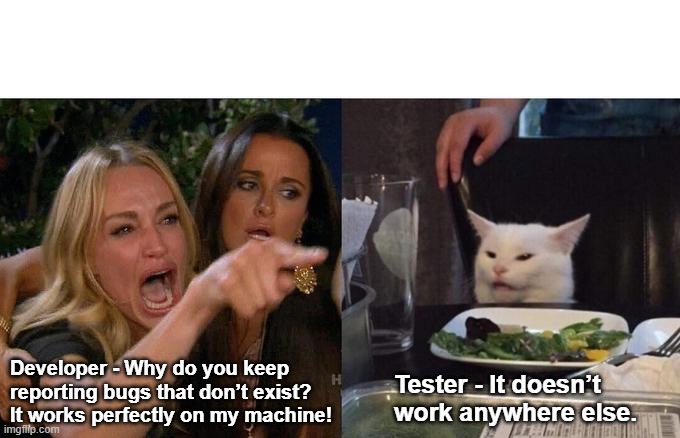 Woman Yelling At Cat Meme | Developer - Why do you keep reporting bugs that don’t exist? It works perfectly on my machine! Tester - It doesn’t work anywhere else. | image tagged in memes,woman yelling at cat | made w/ Imgflip meme maker