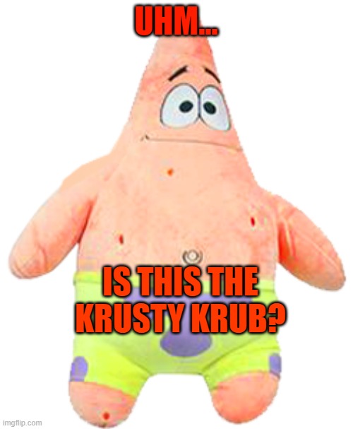 Patrick Plushie | UHM... IS THIS THE KRUSTY KRUB? | image tagged in patrick plushie | made w/ Imgflip meme maker