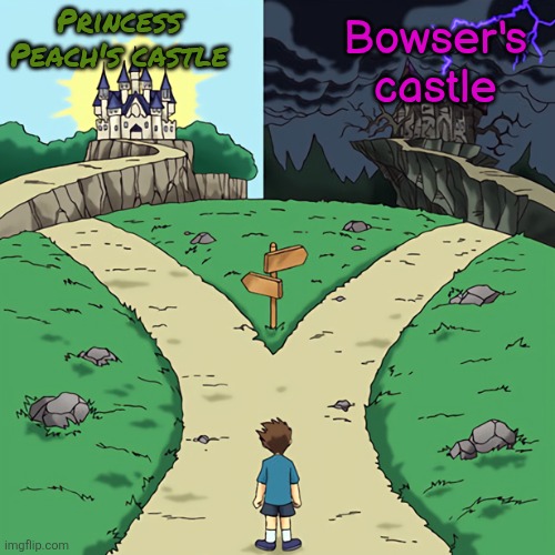 two castles | Princess Peach's castle; Bowser's castle | image tagged in two castles | made w/ Imgflip meme maker