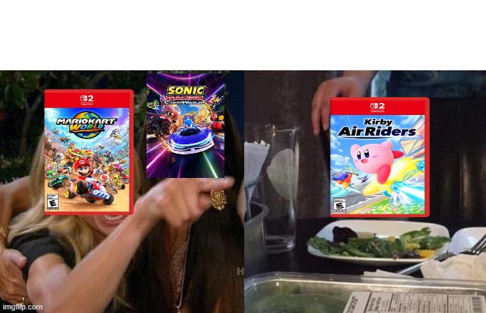 at least both are from the same company | image tagged in memes,woman yelling at cat,sonic the hedgehog,mario kart,kirby,nintendo | made w/ Imgflip meme maker