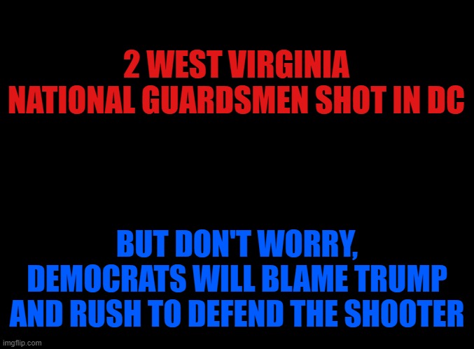 blank black | 2 WEST VIRGINIA NATIONAL GUARDSMEN SHOT IN DC; BUT DON'T WORRY, DEMOCRATS WILL BLAME TRUMP AND RUSH TO DEFEND THE SHOOTER | image tagged in donald trump,democrats,republicans,military,memes,american chopper argument | made w/ Imgflip meme maker