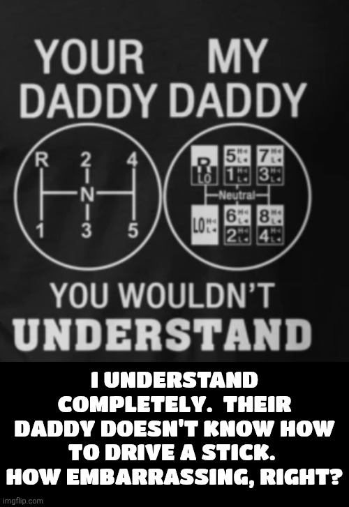 Everybody Who's Anybody Knows How To Drive A Stick | I UNDERSTAND COMPLETELY.  THEIR DADDY DOESN'T KNOW HOW TO DRIVE A STICK.  HOW EMBARRASSING, RIGHT? | image tagged in memes,automatic,standadrd,electric,stick shift,driving | made w/ Imgflip meme maker