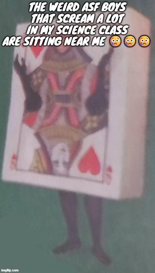 GOD HELP ME | THE WEIRD ASF BOYS THAT SCREAM A LOT IN MY SCIENCE CLASS ARE SITTING NEAR ME 😢😢😢 | image tagged in the card lady | made w/ Imgflip meme maker