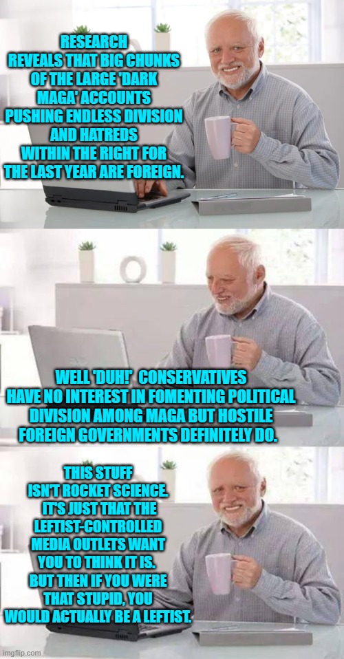 Psst . . . leftists . . . give logic a try for once. | RESEARCH REVEALS THAT BIG CHUNKS OF THE LARGE 'DARK MAGA' ACCOUNTS PUSHING ENDLESS DIVISION AND HATREDS WITHIN THE RIGHT FOR THE LAST YEAR ARE FOREIGN. WELL 'DUH!'  CONSERVATIVES HAVE NO INTEREST IN FOMENTING POLITICAL DIVISION AMONG MAGA BUT HOSTILE  FOREIGN GOVERNMENTS DEFINITELY DO. THIS STUFF ISN'T ROCKET SCIENCE.  IT'S JUST THAT THE LEFTIST-CONTROLLED MEDIA OUTLETS WANT YOU TO THINK IT IS.  BUT THEN IF YOU WERE THAT STUPID, YOU WOULD ACTUALLY BE A LEFTIST. | image tagged in hide the pain harold | made w/ Imgflip meme maker