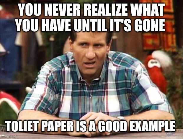 Toliet Paper | YOU NEVER REALIZE WHAT YOU HAVE UNTIL IT'S GONE; TOLIET PAPER IS A GOOD EXAMPLE | image tagged in al bundy,funny memes | made w/ Imgflip meme maker