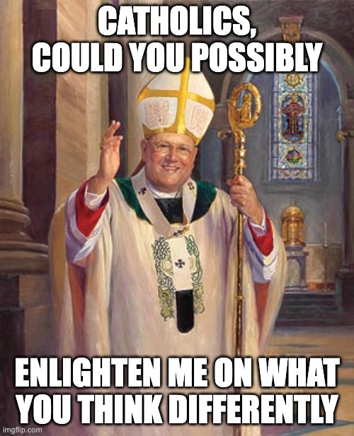 I Seek Knowledge and I Think That Catholicism is a Valid Sect of Christianity | CATHOLICS, COULD YOU POSSIBLY; ENLIGHTEN ME ON WHAT YOU THINK DIFFERENTLY | image tagged in catholic bishop,knowledge,christianity,catholic | made w/ Imgflip meme maker