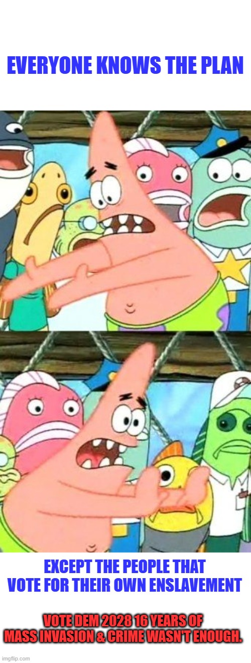 It's like they want their country to be destroyed. | EVERYONE KNOWS THE PLAN; EXCEPT THE PEOPLE THAT VOTE FOR THEIR OWN ENSLAVEMENT; VOTE DEM 2028 16 YEARS OF MASS INVASION & CRIME WASN'T ENOUGH. | image tagged in memes,put it somewhere else patrick | made w/ Imgflip meme maker