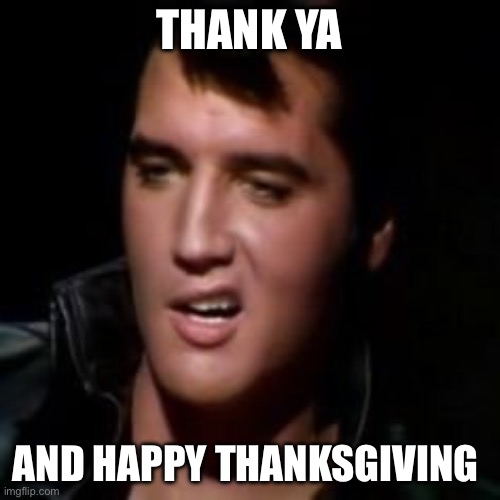 THANK YA AND HAPPY THANKSGIVING | image tagged in elvis thank you | made w/ Imgflip meme maker