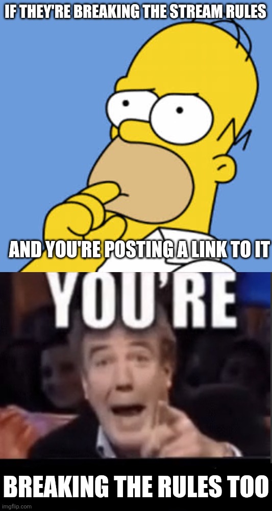 IF THEY'RE BREAKING THE STREAM RULES BREAKING THE RULES TOO AND YOU'RE POSTING A LINK TO IT | image tagged in homer pondering,you're x blank | made w/ Imgflip meme maker