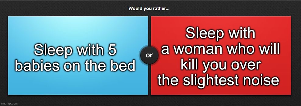 Would you rather | Sleep with 5 babies on the bed; Sleep with a woman who will kill you over the slightest noise | image tagged in would you rather | made w/ Imgflip meme maker
