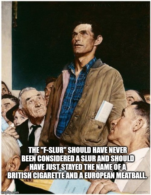Freedom of Speech | THE "F-SLUR" SHOULD HAVE NEVER BEEN CONSIDERED A SLUR AND SHOULD HAVE JUST STAYED THE NAME OF A BRITISH CIGARETTE AND A EUROPEAN MEATBALL. | image tagged in freedom of speech | made w/ Imgflip meme maker