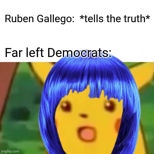 "we look like the no-fun party" | Ruben Gallego:  *tells the truth*; Far left Democrats: | image tagged in surprised pikachu,political meme | made w/ Imgflip meme maker