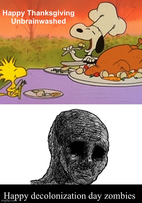 “Woke” = always sad and angry over nothing | Happy Thanksgiving 
Unbrainwashed; Happy decolonization day zombies | image tagged in charlie brown thanksgiving,sad wojak,politics lol,memes,derp | made w/ Imgflip meme maker