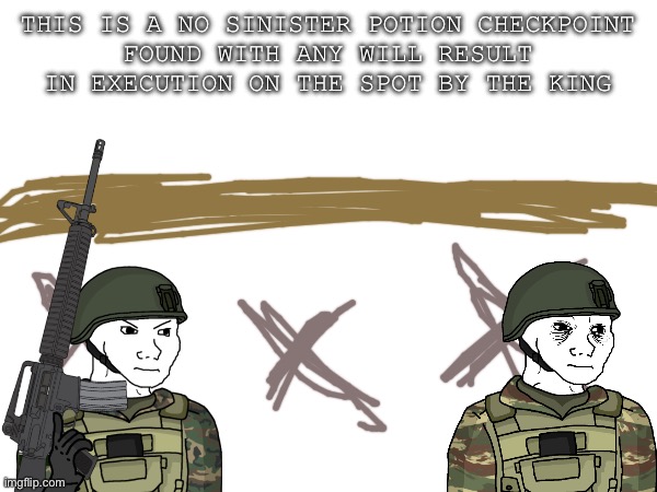 THIS IS A NO SINISTER POTION CHECKPOINT
FOUND WITH ANY WILL RESULT IN EXECUTION ON THE SPOT BY THE KING | made w/ Imgflip meme maker