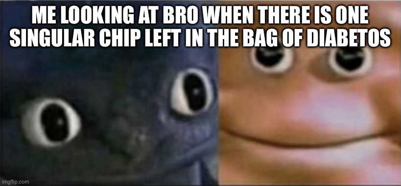 Blank stare dragon | ME LOOKING AT BRO WHEN THERE IS ONE SINGULAR CHIP LEFT IN THE BAG OF DIABETOS | image tagged in blank stare dragon | made w/ Imgflip meme maker