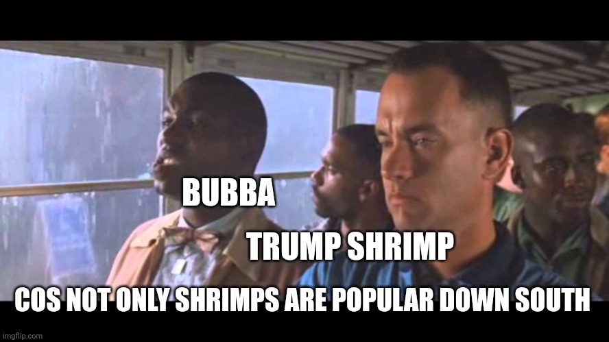 Bubba Gump | BUBBA TRUMP SHRIMP COS NOT ONLY SHRIMPS ARE POPULAR DOWN SOUTH | image tagged in bubba gump | made w/ Imgflip meme maker