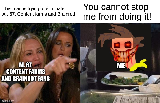 I will not give up! Even if you're in my way! | This man is trying to eliminate AI, 67, Content farms and Brainrot! You cannot stop me from doing it! AI, 67, CONTENT FARMS AND BRAINROT FANS; ME | image tagged in memes,woman yelling at cat | made w/ Imgflip meme maker