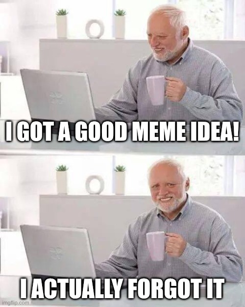 Stupid brain | I GOT A GOOD MEME IDEA! I ACTUALLY FORGOT IT | image tagged in memes,hide the pain harold,i forgot,good memes | made w/ Imgflip meme maker