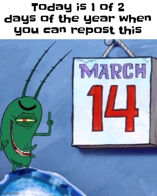 Context: ground me if you want... but NOTHING- | Today is 1 of 2 days of the year when you can repost this | image tagged in plankton march 14th | made w/ Imgflip meme maker