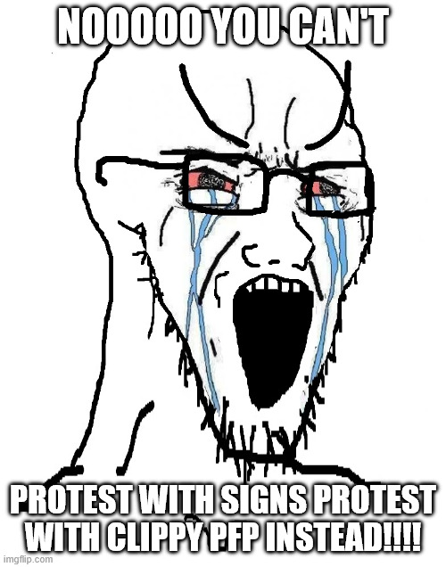 Meme + Drama, clippy pfp is performative activism | NOOOOO YOU CAN'T; PROTEST WITH SIGNS PROTEST WITH CLIPPY PFP INSTEAD!!!! | image tagged in crying sojack,cringe,memes | made w/ Imgflip meme maker