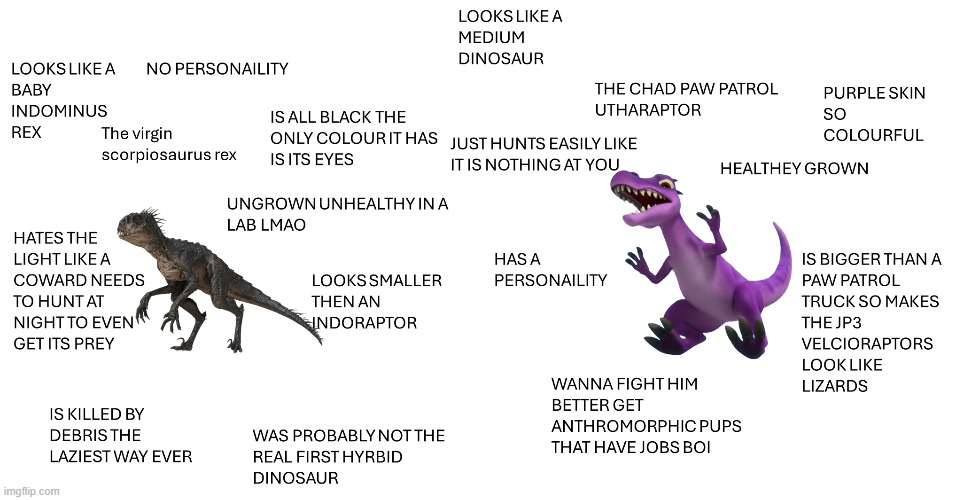 THE VIRGIN SCORPIOSAURUS REX VS THE CHAD PAW PATROL UTAHRAPTOR | image tagged in virgin vs chad | made w/ Imgflip meme maker