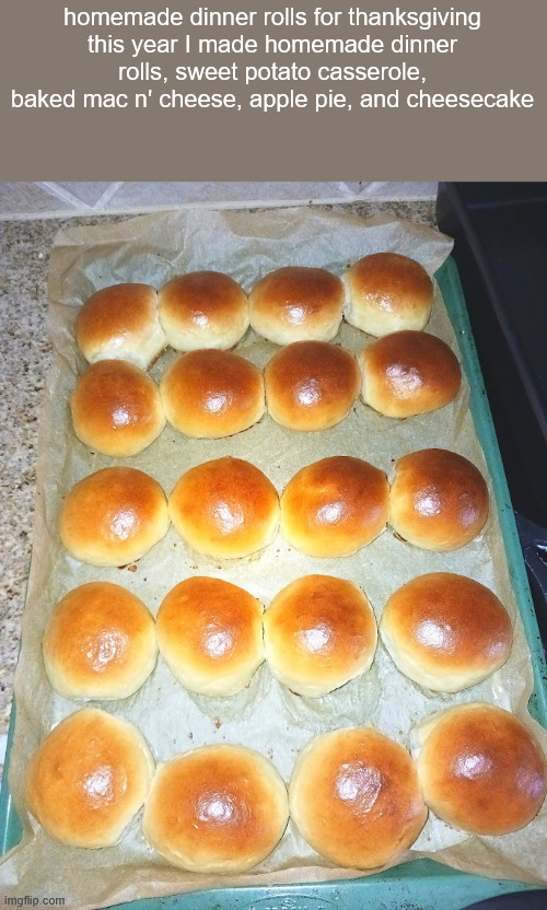 didnt get pics of the other food bc my fam ate it before i could get a pic | homemade dinner rolls for thanksgiving
this year I made homemade dinner rolls, sweet potato casserole, baked mac n' cheese, apple pie, and cheesecake | made w/ Imgflip meme maker