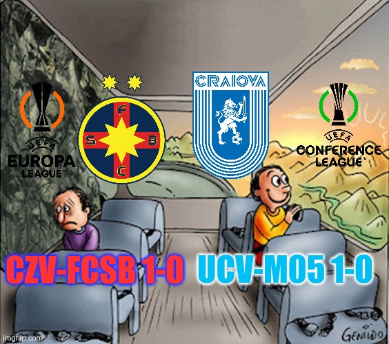 FCSB and U. Craiova's situation in Europa League and Conference League. | CZV-FCSB 1-0; UCV-M05 1-0 | image tagged in two guys on a bus,fcsb,craiova,europa league,conference league,memes | made w/ Imgflip meme maker