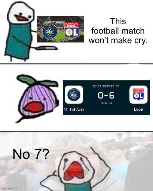 What’s up with the French Lyons now? | This football match won’t make cry. No 7? | image tagged in this onion won't make me cry,israel,middle east | made w/ Imgflip meme maker