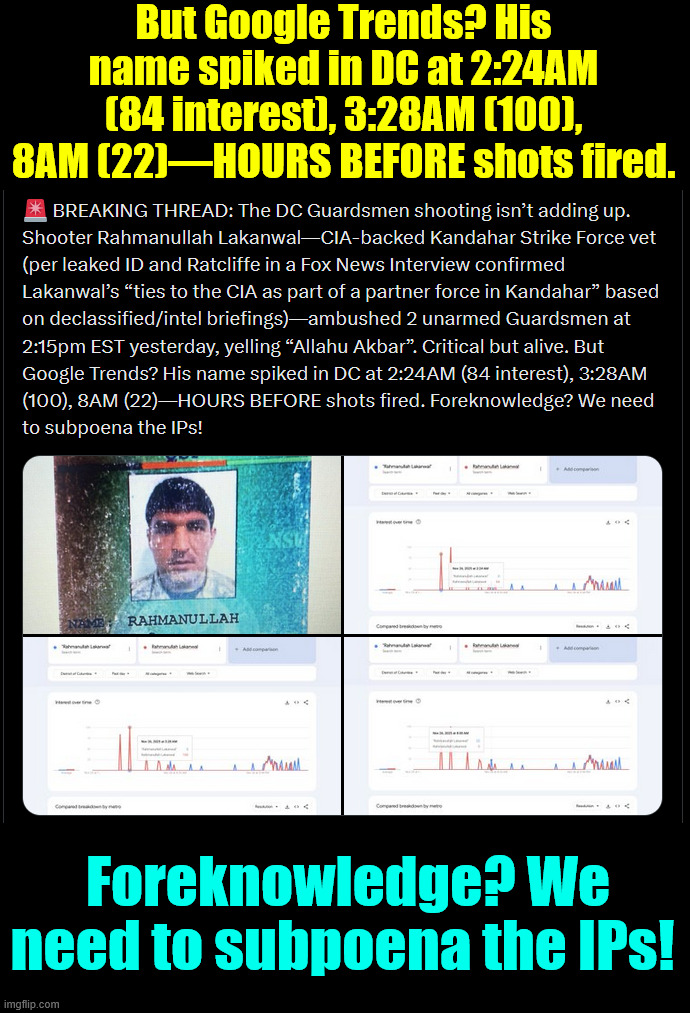 Details not adding up | But Google Trends? His name spiked in DC at 2:24AM (84 interest), 3:28AM (100), 8AM (22)—HOURS BEFORE shots fired. Foreknowledge? We need to subpoena the IPs! | image tagged in dc shooter,details not adding up | made w/ Imgflip meme maker