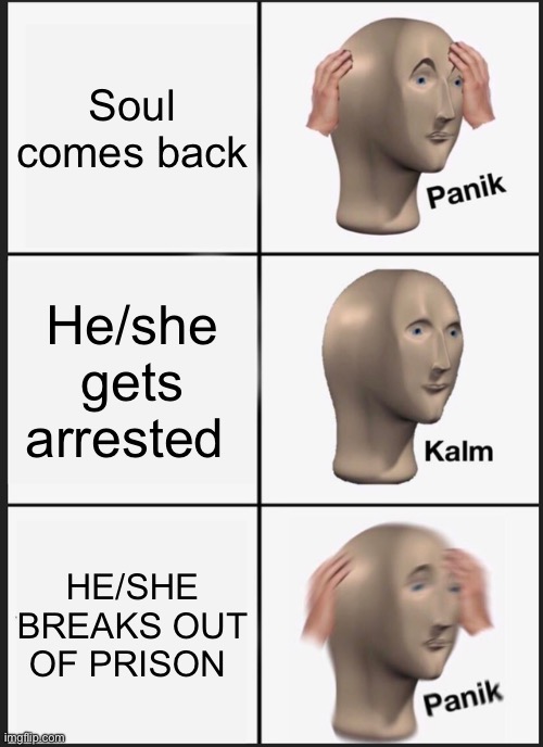 I swear if this actually happens I will cry | Soul comes back; He/she gets arrested; HE/SHE BREAKS OUT OF PRISON | image tagged in memes,panik kalm panik | made w/ Imgflip meme maker