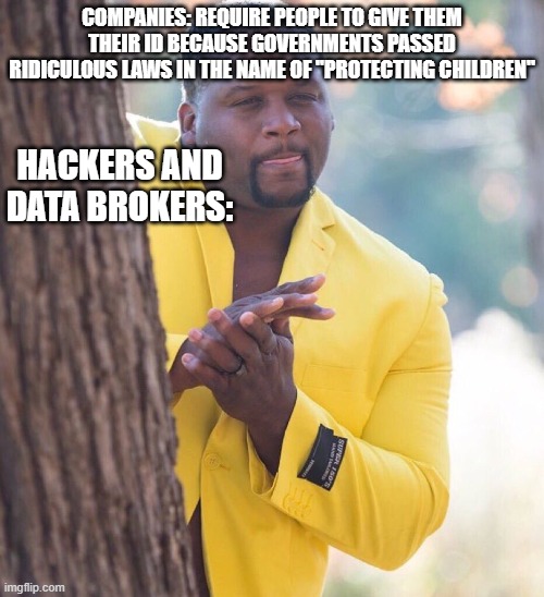 Black guy hiding behind tree | COMPANIES: REQUIRE PEOPLE TO GIVE THEM THEIR ID BECAUSE GOVERNMENTS PASSED RIDICULOUS LAWS IN THE NAME OF "PROTECTING CHILDREN"; HACKERS AND DATA BROKERS: | image tagged in black guy hiding behind tree | made w/ Imgflip meme maker