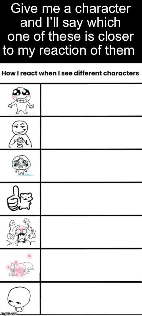 Give me a character and I’ll say which one of these is closer to my reaction of them | made w/ Imgflip meme maker